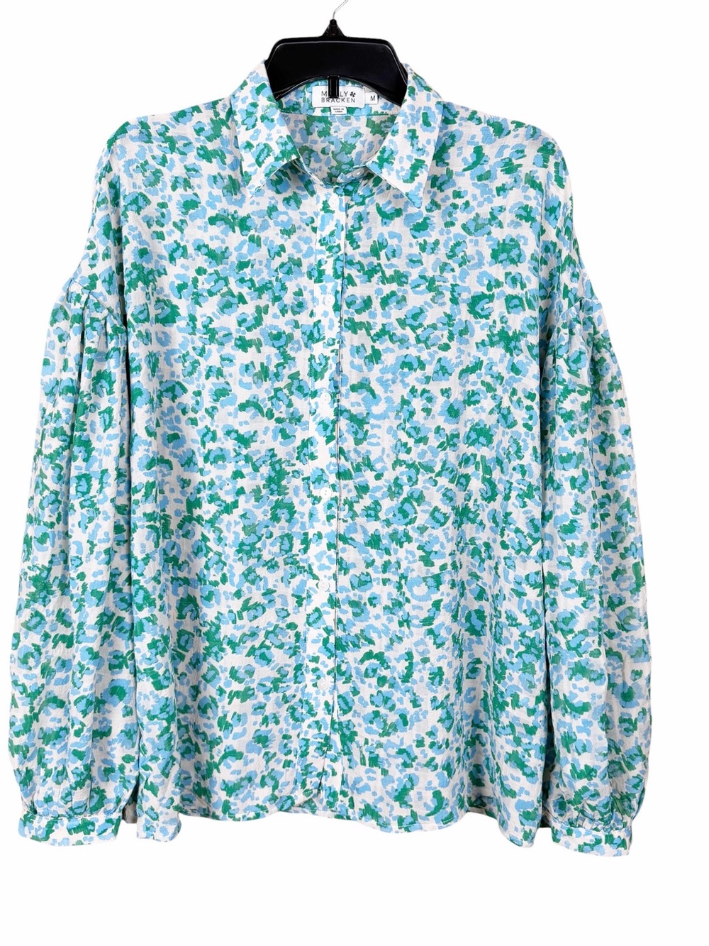 Molly Bracken Blouse Size Medium Green Floral Balloon Sleeves Button Down